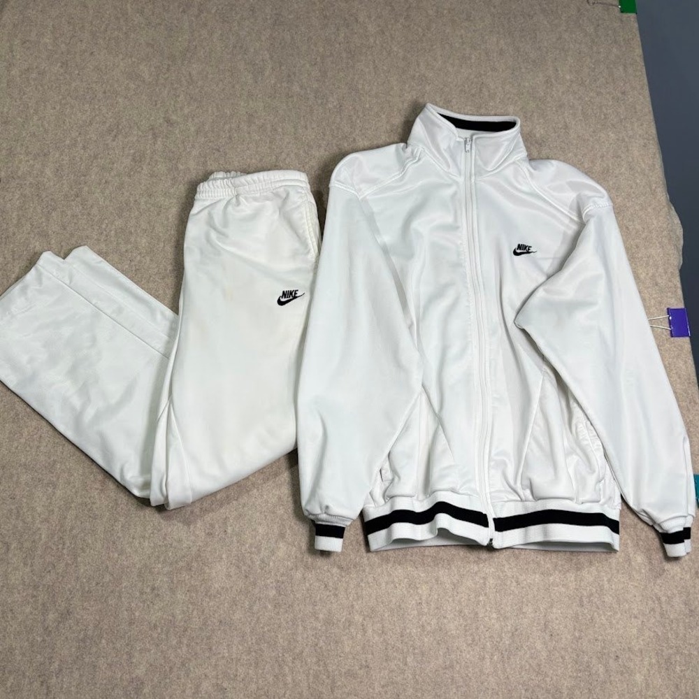 Nike Tracksuit Men Large White Polyester Vintage Y2K Sporty Full Zip Set Stained